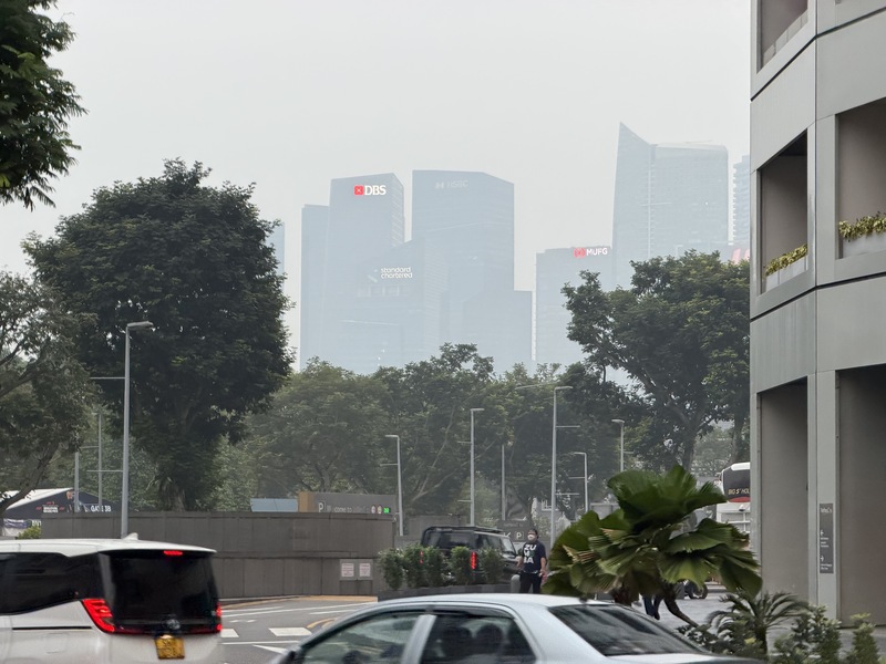 印尼森林野火產生的霾害跨境影響鄰近國家，圖為新加坡市區建築被灰濛濛的煙霾籠罩。