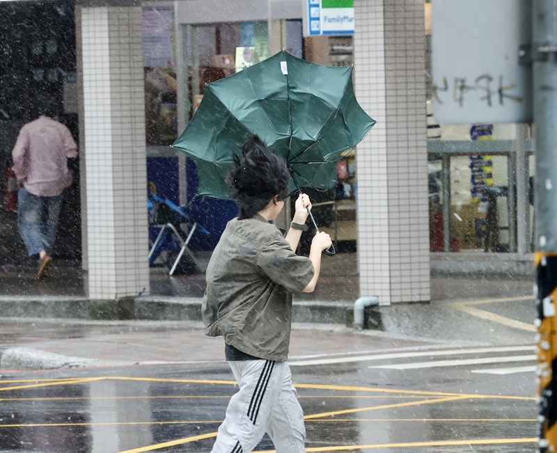 薔琵颱風來襲，23日新北市街頭民眾的雨傘被陣風吹到開花。
