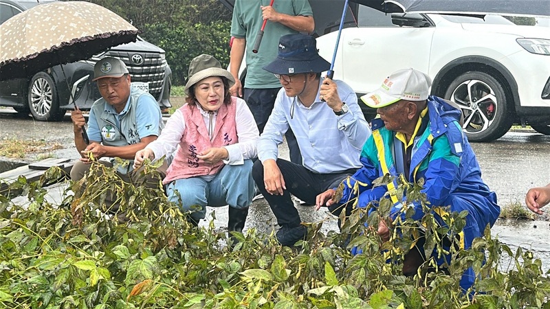 颱風薔琵導致雲林縣多處農田傳災情，農業部估計全臺農業損失已達新臺幣1億5,142萬元。圖為民主進步黨籍立法委員劉建國(右2)等24日勘災，希望加速相關救助作業。（劉建國提供）