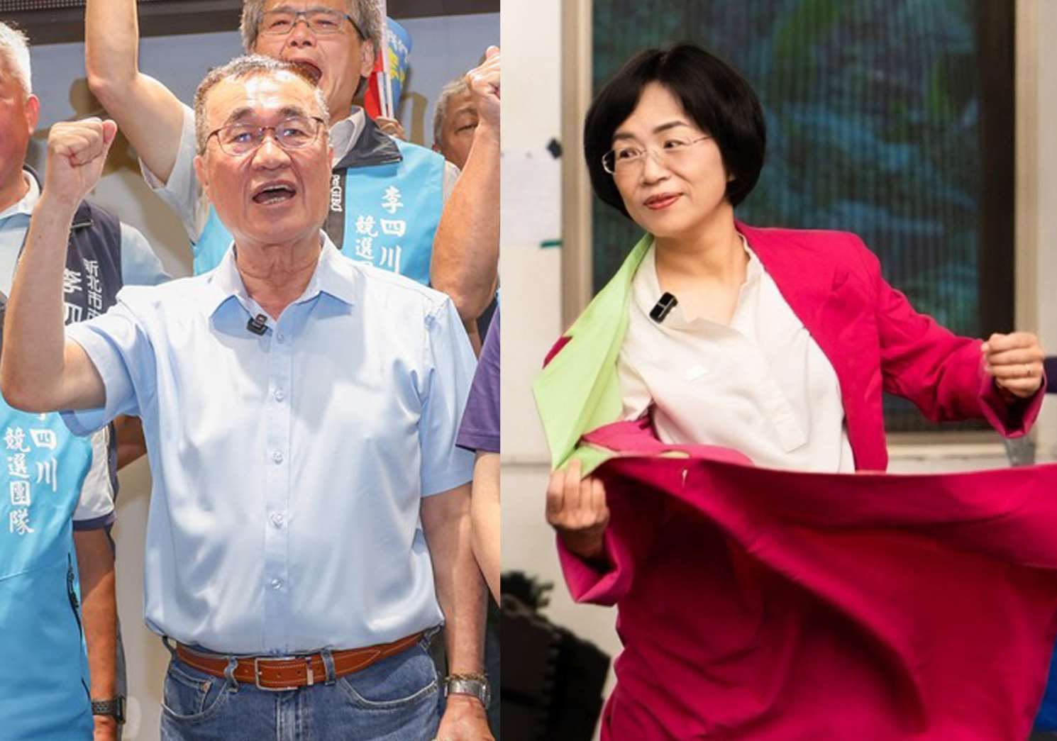新北市長選情持續升溫，國民黨參選人李四川(左)15日赴坪林成立競選總部；民進黨參選人蘇巧慧(右)則是赴五股黃昏市場掃街拜票，並在社群釋出日前前往劇團探班。(合成圖)