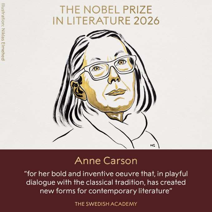 2026年諾貝爾文學獎頒發給加拿大作家安妮·卡森（Anne Carson）。(翻攝X@The Nobel Prize)