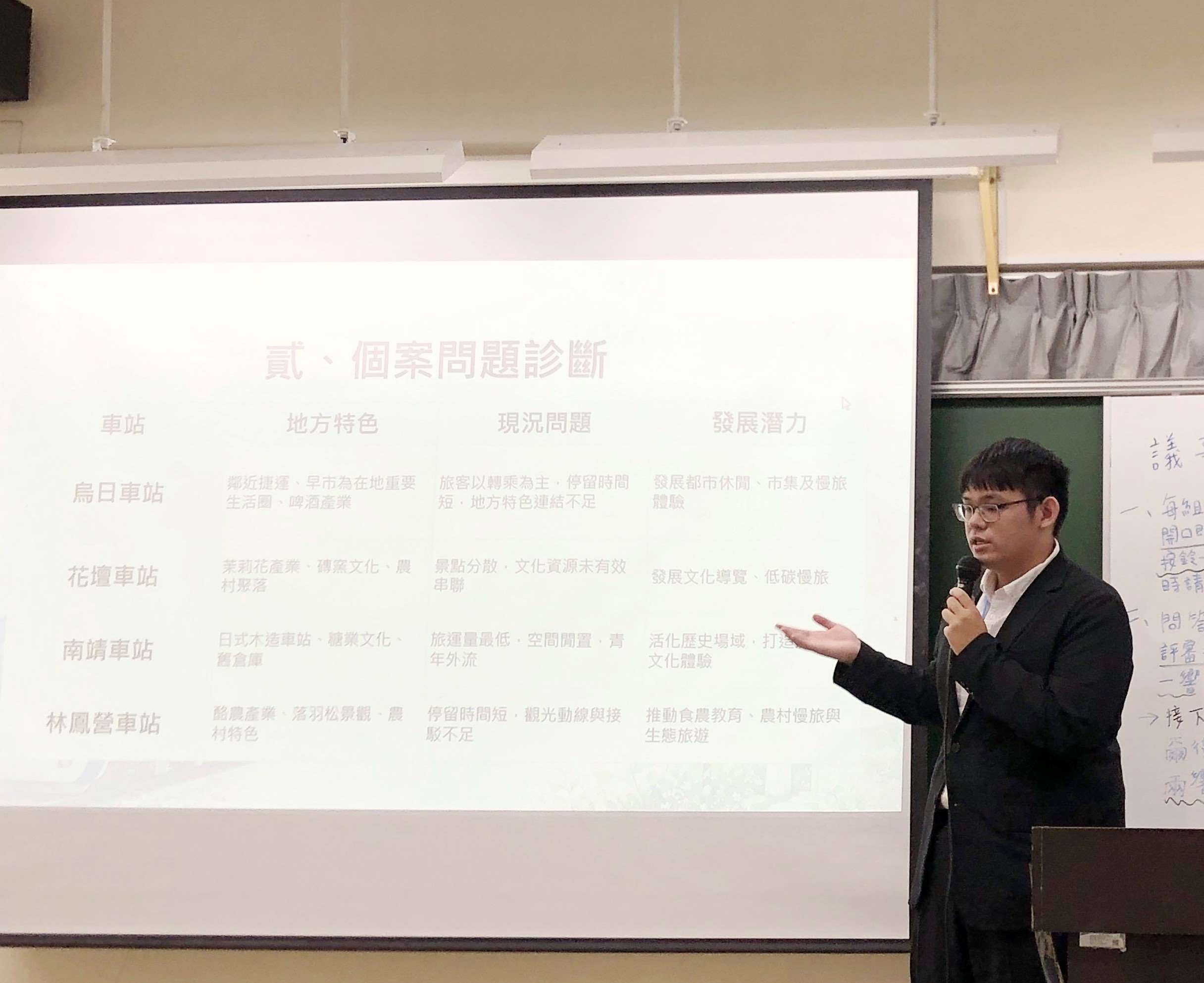 南華大學國際系學生組隊提案在地活化議題，學生黃昱宸說明提案、在地空間活化的構思。（圖：南華大學提供）