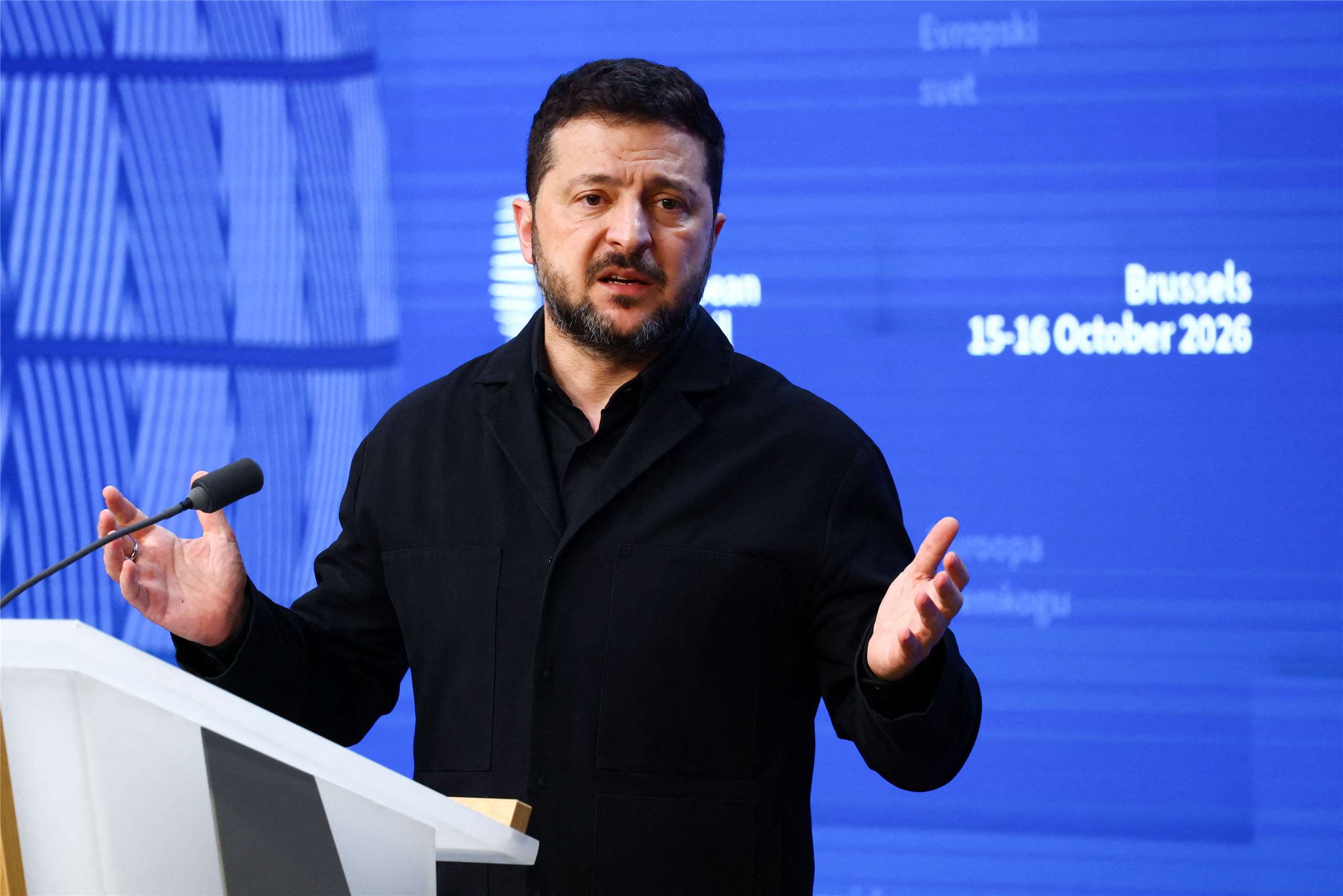 烏克蘭總統澤倫斯基(Volodymyr Zelenskyy)在布魯塞爾會晤歐盟領袖後舉行記者會。