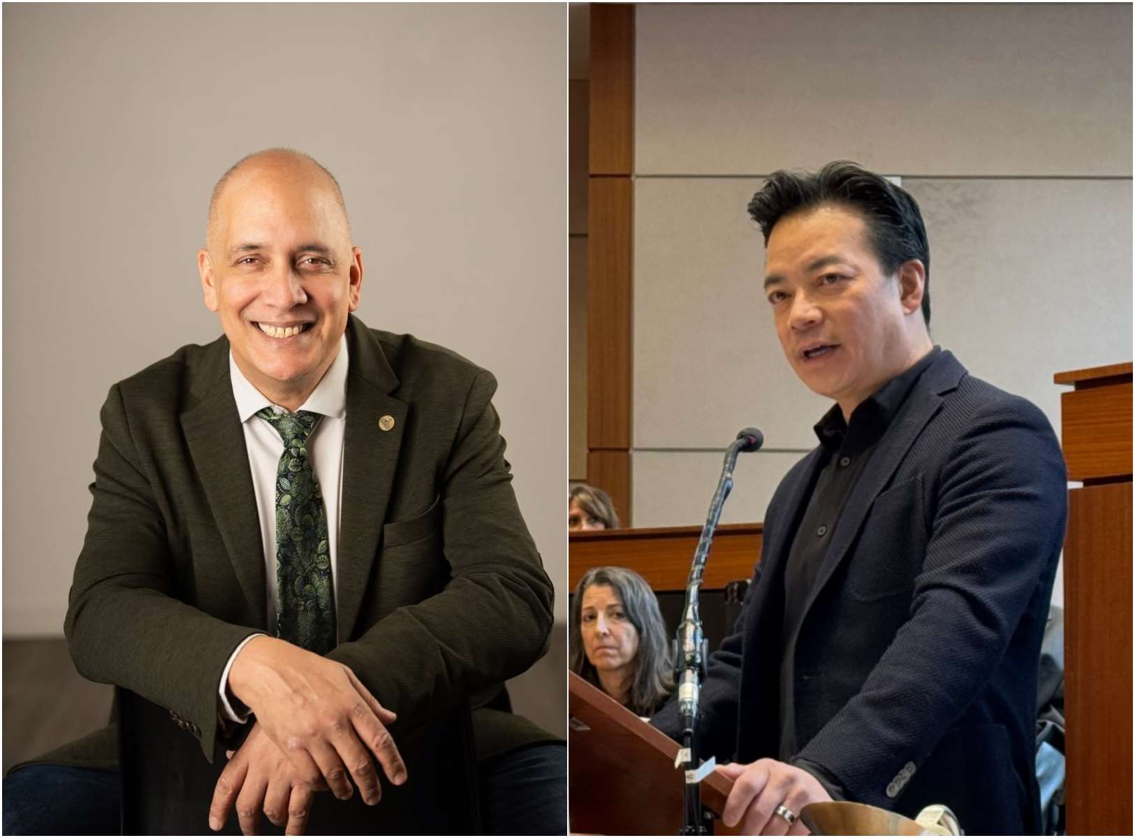 代表綠黨參選溫哥華市長的費必得(Pete Fry)(左)擊敗現任華裔市長沈觀健(Ken Sim)(右)。(圖FB/@PeteFryForVancouver、IG/@kensimcity)