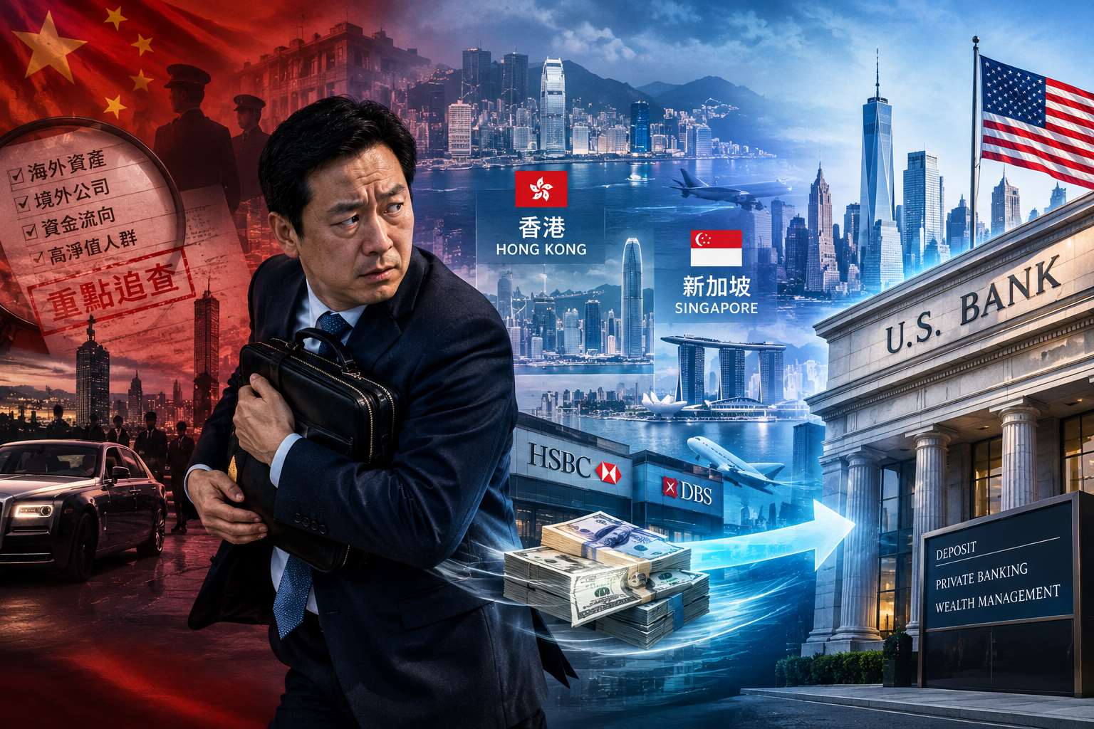 美媒報導指出，因北京擴大追查海外資產而感到不安的中國富豪，正將離岸資金從香港或新加坡轉往美國銀行。(示意圖/AI生成)