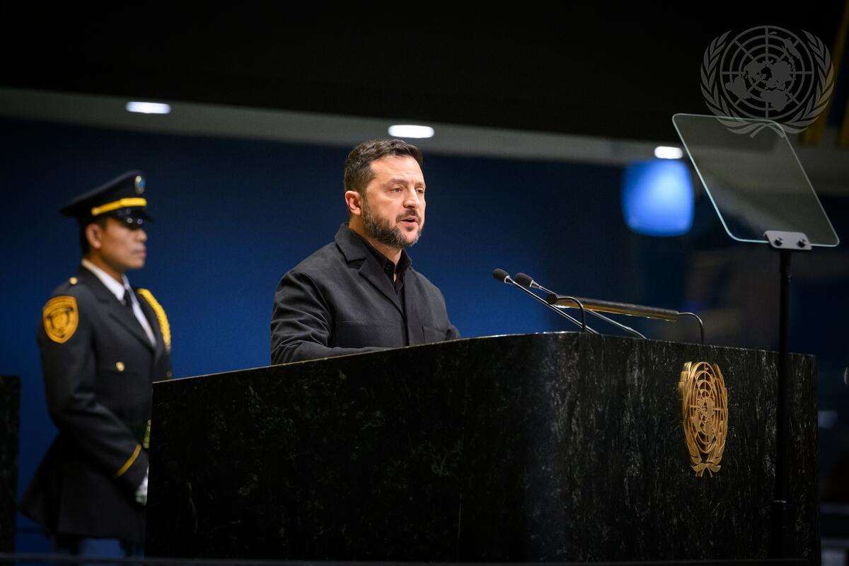 烏克蘭總統澤倫斯基23日在聯大演說。(UN Photo/Loey Felipe)