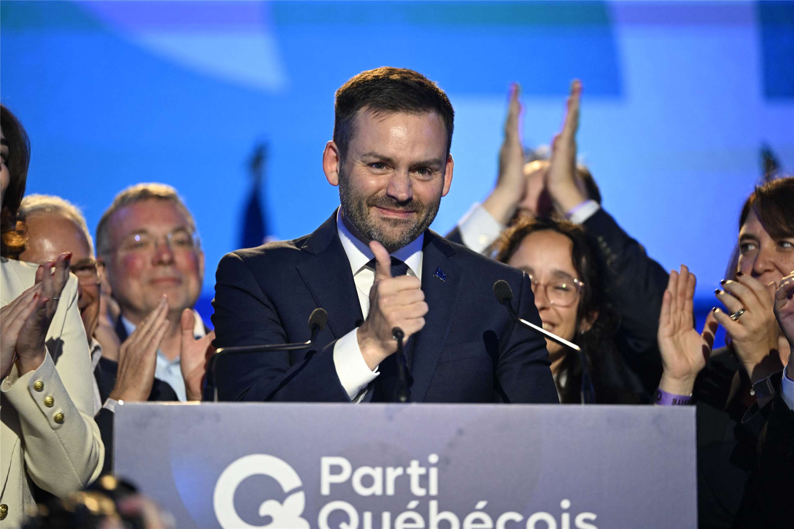 加拿大分離主義政黨魁人黨黨魁普拉蒙東(Paul St-Pierre Plamondon)5日勝選後發表談話。