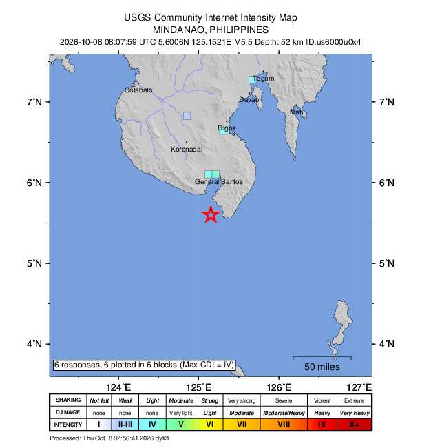 菲律賓南部民答那峨島(Mindanao)8日下午發生規模5.5地震。(圖：earthquake.usgs.gov)