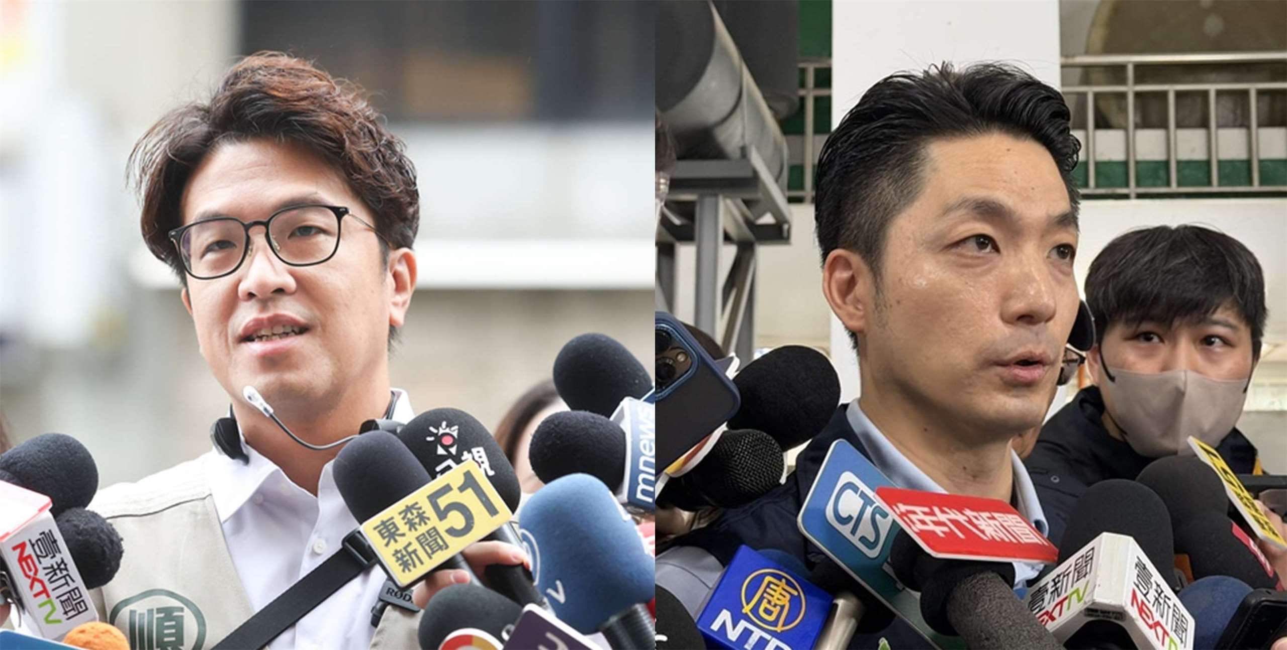 民進黨台北市長參選人沈伯洋(左)22日在捷運出口發送「順報」第2期並接受媒體聯訪；台北市長蔣萬安(右)22日上午視察長安抽水站前接受媒體聯訪。合成圖。