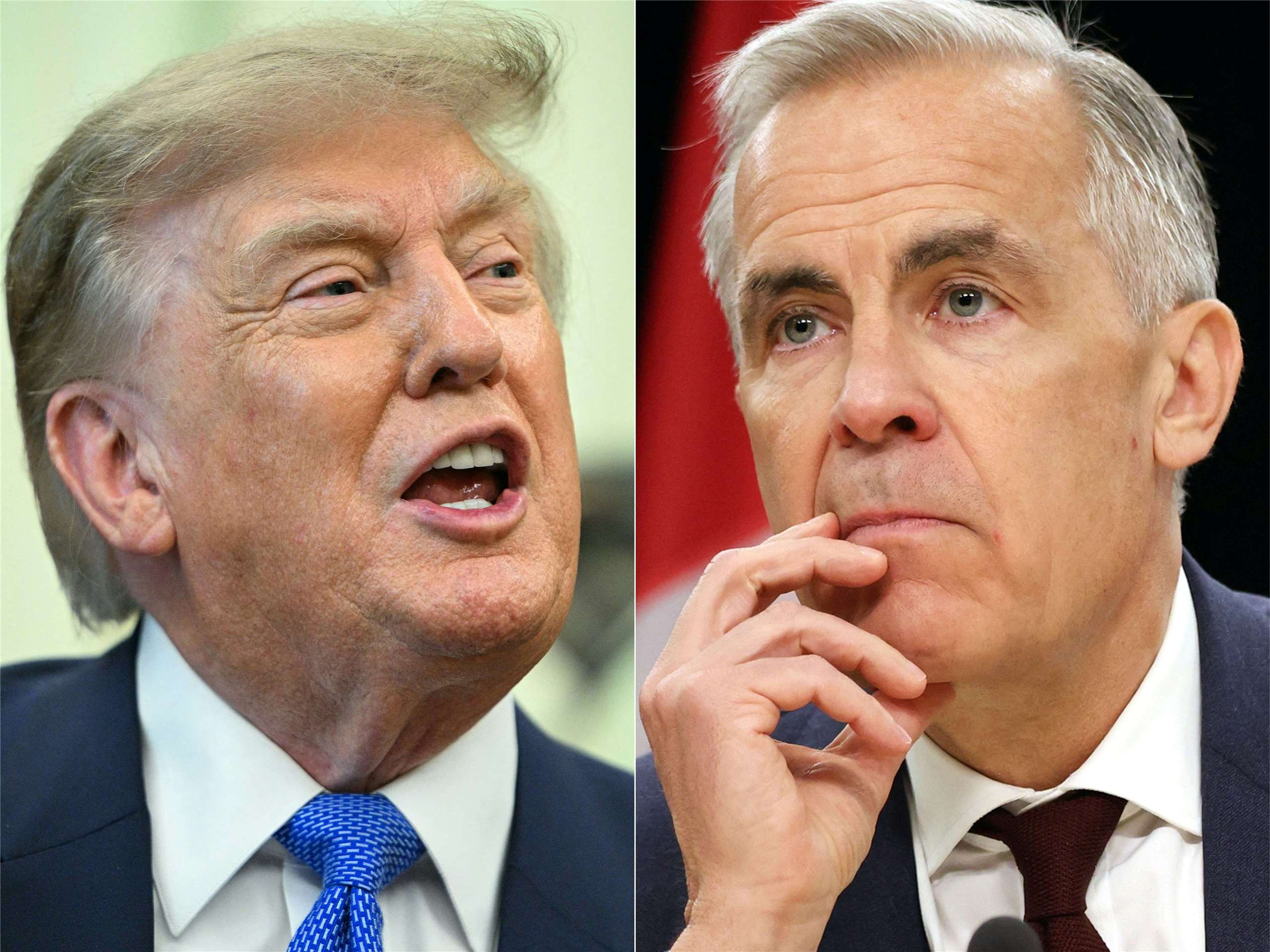 加拿大總理卡尼(Mark Carney)(右)11日和美國總統川普(Donald Trump)通話時，表示支持烏克蘭與俄羅斯之間的能源停火。資料合成圖。(AFP)