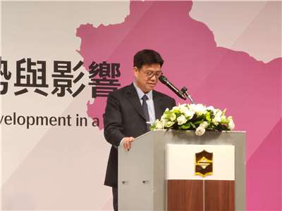 陸委會主委邱垂正20日出席「國際政經變局下的中國大陸發展趨勢與影響」國際研討會，發表閉幕致詞。(廖珉朔 攝）