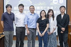 中央研究院分子生物研究所副研究員陳昇宏（左3）研究團隊發現，細胞群體自然形成的密度與排列方式，能決定鐵死亡從哪裡開始、往哪個方向傳播以及何時停止，16日舉辦成果發表記者會，中研院副院長陳玉如（右2）、分子生物研究所代理所長呂俊毅（左1）與研究團隊合影。（中研院提供）