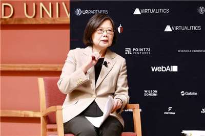 前總統蔡英文7日赴史丹佛大學演說。（蔡英文辦公室提供）