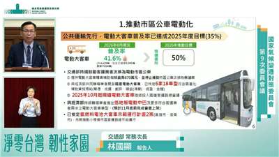 交通部常務次長林國顯22日指出，目前全台市區公車電動化比例已逾4成，國道客運電動化也自去年開始上路，政府輔導國產電動大客車也逐漸有成，就連商用車電動化也已看到曙光。(翻攝YT@presidentialoffice)