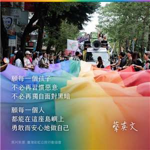 台灣同志大遊行明天登場，前總統蔡英文今天表示，她期盼每個孩子不必再獨自面對黑暗。(圖：蔡英文臉書)