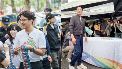 同志大遊行31日登場，民進黨台北市長候選人沈伯洋在辯論結束後，趕赴遊行力挺(左)。(圖：沈伯洋競選團隊提供)；尋求連任的台北市長蔣萬安在辯論結束後，也親赴遊行現場(右)。(圖：鄭佑漢 攝)