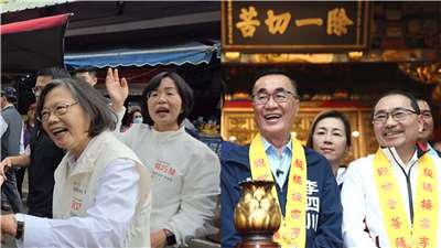 圖左為前總統蔡英文前右28日陪同民進黨新北市長參選 人蘇巧慧到蘆洲湧蓮寺及保和宮參香；圖右為國民黨候選人李四川與新北市長侯友宜合體，一同前往板橋接雲寺參拜。合成圖。