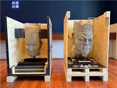 澳洲國立美術館(National Gallery of Australia, NGA)28日返還中國2件流失文物，分別是北宋皇陵永裕陵武官像頭部、永昌陵文官像頭部。(翻攝央視)