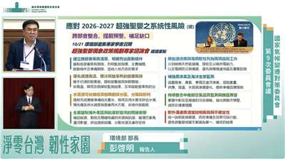 環境部長彭啓明22日在總統府「國家氣候變遷對策委員會第9次委員會議」上，針對「因應全球熱浪」提出報告，並表示因應超強聖嬰年底恐來襲，政府將研議跨部會應變。(擷自「國家氣候變遷對策委員會」直播畫面)