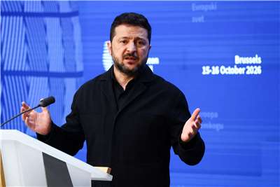 烏克蘭總統澤倫斯基(Volodymyr Zelenskyy)在布魯塞爾會晤歐盟領袖後舉行記者會。