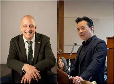代表綠黨參選溫哥華市長的費必得(Pete Fry)(左)擊敗現任華裔市長沈觀健(Ken Sim)(右)。(圖FB/@PeteFryForVancouver、IG/@kensimcity)