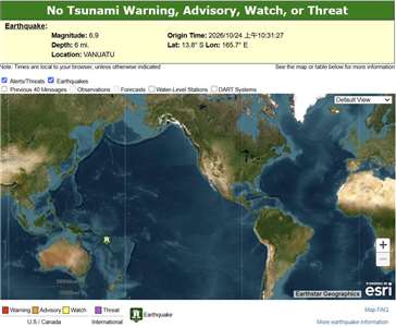太平洋海嘯警報中心(Pacific Tsunami Warning Center)將萬那杜外海今天(24日)發生規模7.2地震下修到6.9，海嘯警報也已經解除。(圖：www.tsunami.gov)