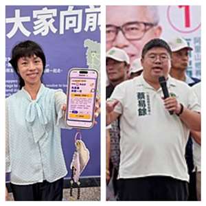 民進黨嘉義縣長候選人蔡易餘（前中）31日成立番路聯合競選總部。(右)；無黨籍嘉義縣長候選人吳品叡推「為嘉義勇敢 一次」AI闖關遊戲，邀請民眾一起挑戰。(左)。(合成圖)（蔡易餘、吳品叡提供）