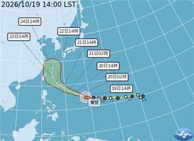 19日14時颱風薔琵預測路徑圖。(圖 : 中央氣象署)