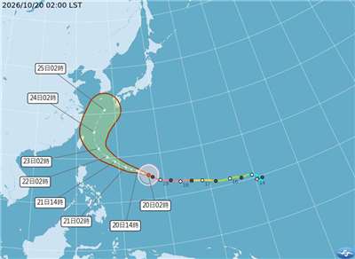中央氣象署指出，強颱薔琵(CHAMPI)20日凌晨2時位於鵝鑾鼻東南東方約1,800公里的海面上，正朝西北西方向往台灣東方海面前進。 (圖:中央氣象署)