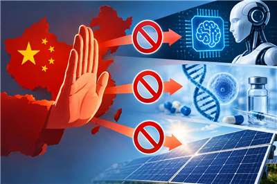 中國商務部今天(16日)公告，擬修訂技術出口禁限目錄，增列部分人工智慧、生物醫藥及太陽能光電技術。(AI生成)