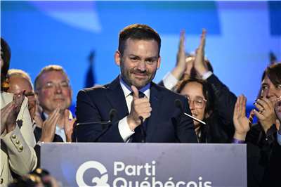 加拿大分離主義政黨魁人黨黨魁普拉蒙東(Paul St-Pierre Plamondon)5日勝選後發表談話。