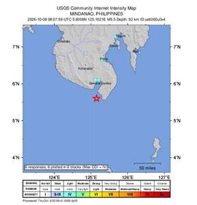 菲律賓南部民答那峨島(Mindanao)8日下午發生規模5.5地震。(圖：earthquake.usgs.gov)