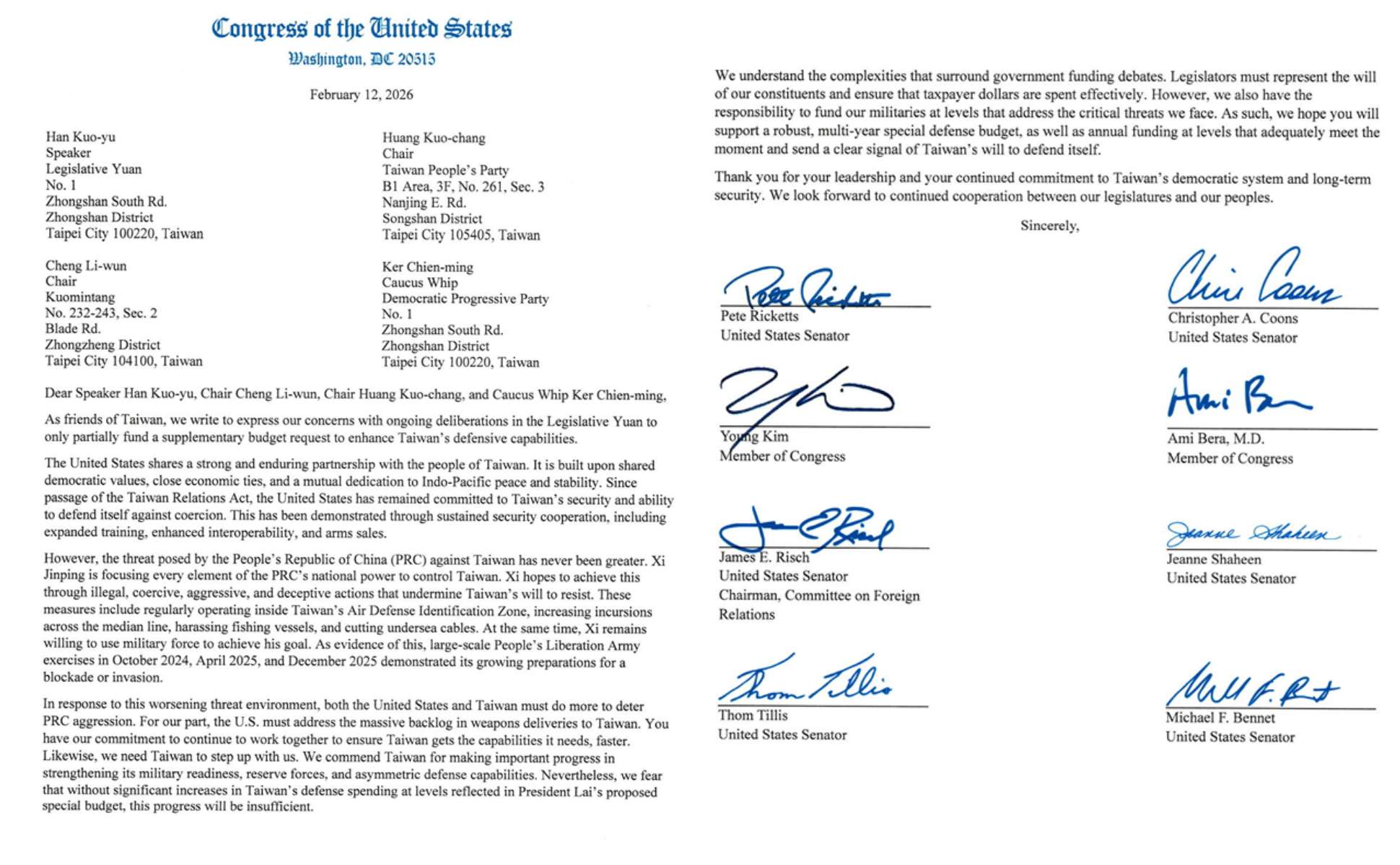 美國37名跨黨派國會議員聯名致函立法院院長以及藍白兩黨主席鄭麗文、黃國昌與民進黨黨團總召柯建銘，呼籲速通過國防特別預算。(福斯新聞)