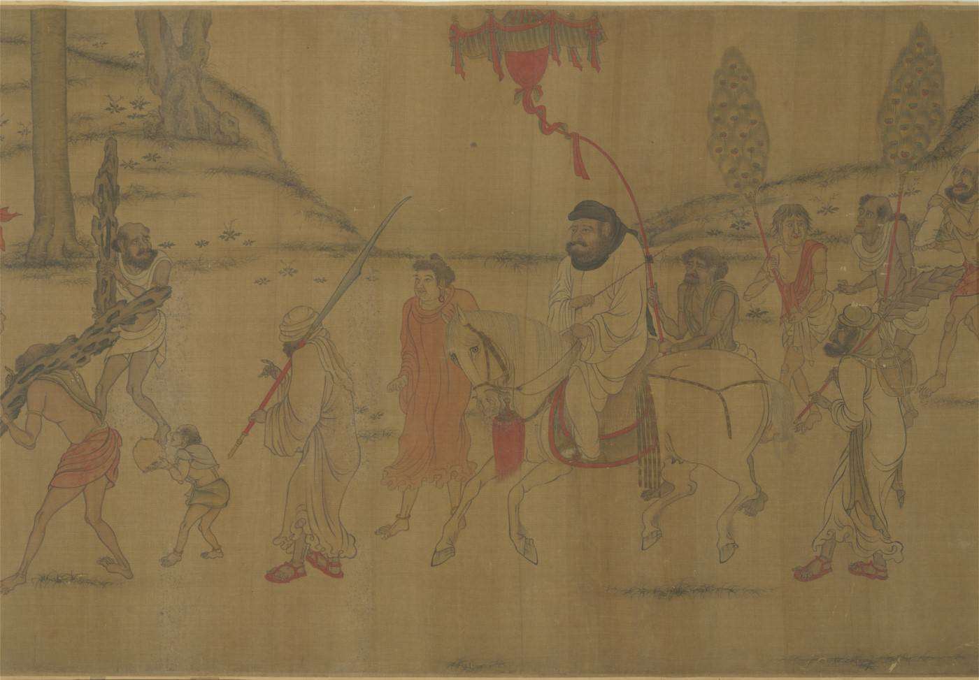 〈唐閻立本職貢圖〉（局部）描繪貞觀五年(631)，婆利、羅剎、林邑三國使節團，向大唐帝國朝貢的史事，畫面呈現。畫家以兼具「紀實」與「想像」的敘事手法，描繪近乎神怪的異域世界。 (故宮南院提供)