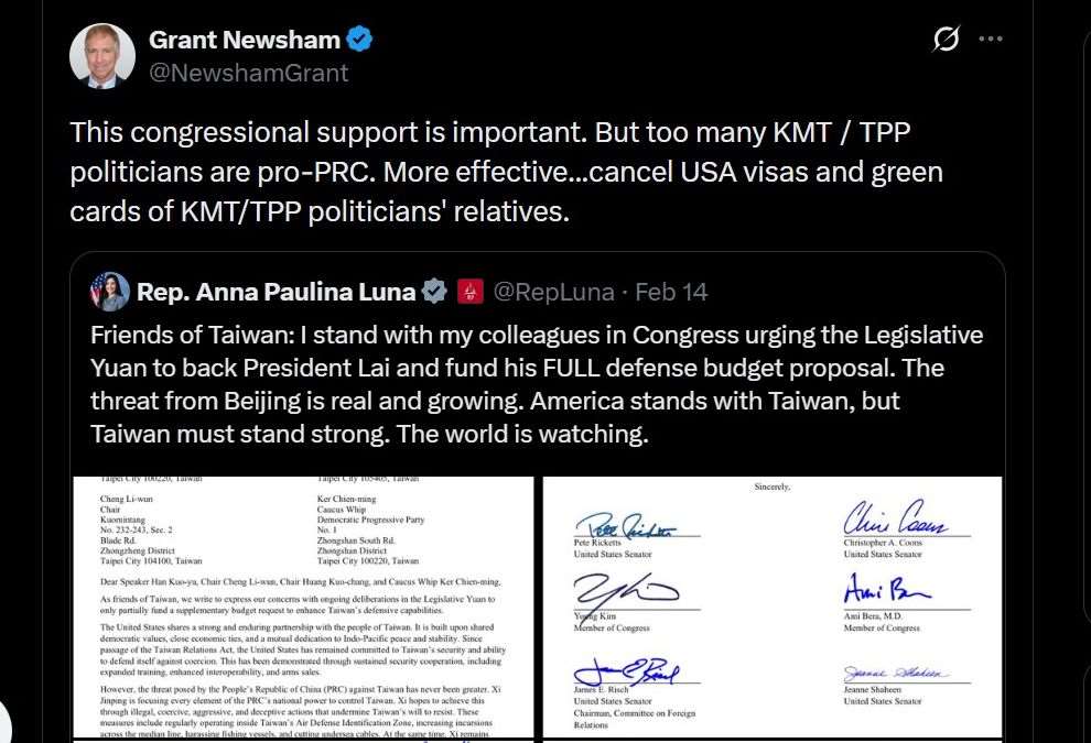 美國陸戰隊前上校紐夏關切台國防預算，提撤親中政客家屬綠卡施壓。 (圖:X@NewshamGrant)