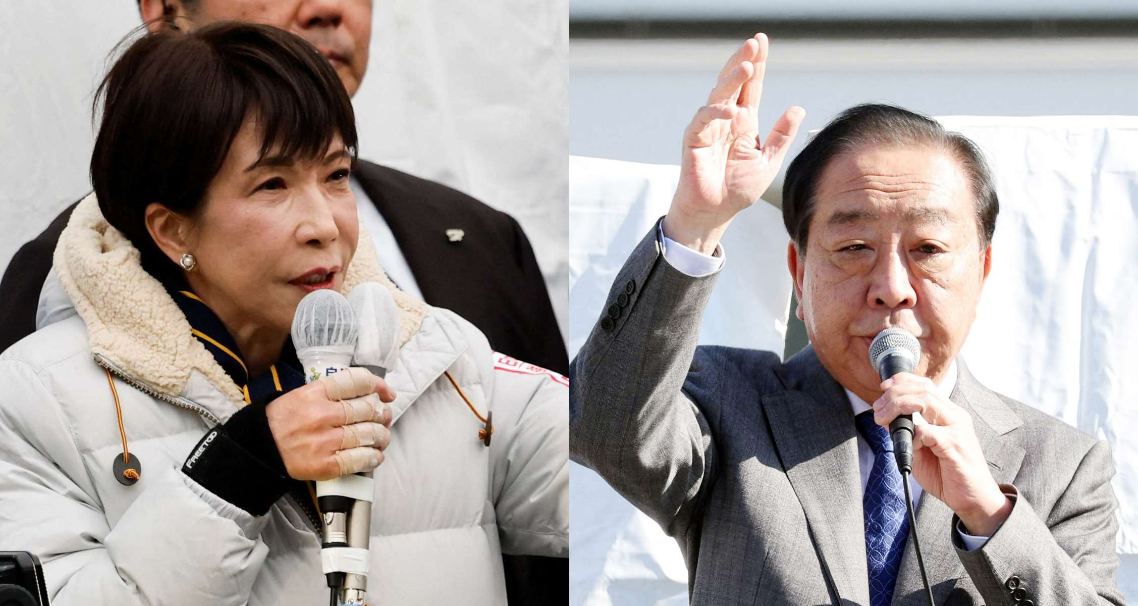 日本眾議院改選，各大黨魁全日本跑透透，自民黨總裁高市早苗(左)奔走路程最長，其次為中道改革聯合共同代表野田佳彥(右)。(路透社/達志影像、AFP，央廣合成)