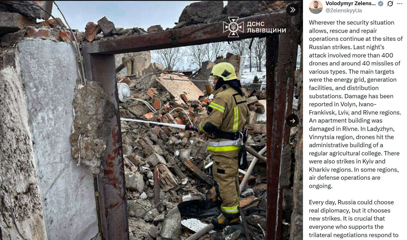 烏克蘭總統澤倫斯基表示，俄羅斯今天（7日）派出超過400架無人機與約40枚飛彈襲擊烏克蘭能源設施。(X@ZelenskyyUa)