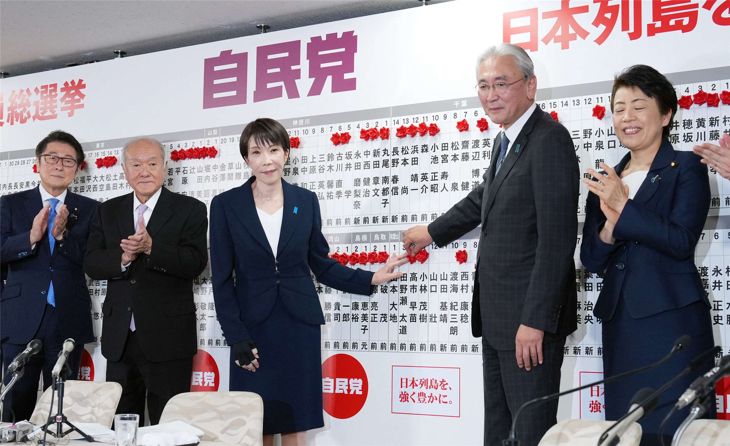 日本首相、自民黨總裁高市早苗(左三)在東京千代田區自民黨總部向獲勝者獻花。(AFP)