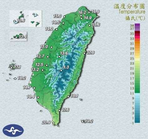 交通部中央氣象署指出，12日清晨各地感受仍涼冷，西半部及宜蘭低溫約攝氏12到16度。(圖:交通部中央氣象署)
