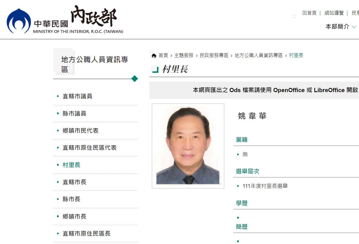 新北市土城區青山里長姚韋華違反反滲透法，台灣高等法院今判他2年6月徒刑，褫奪公權2年。資料照。(翻攝內政部官網)
