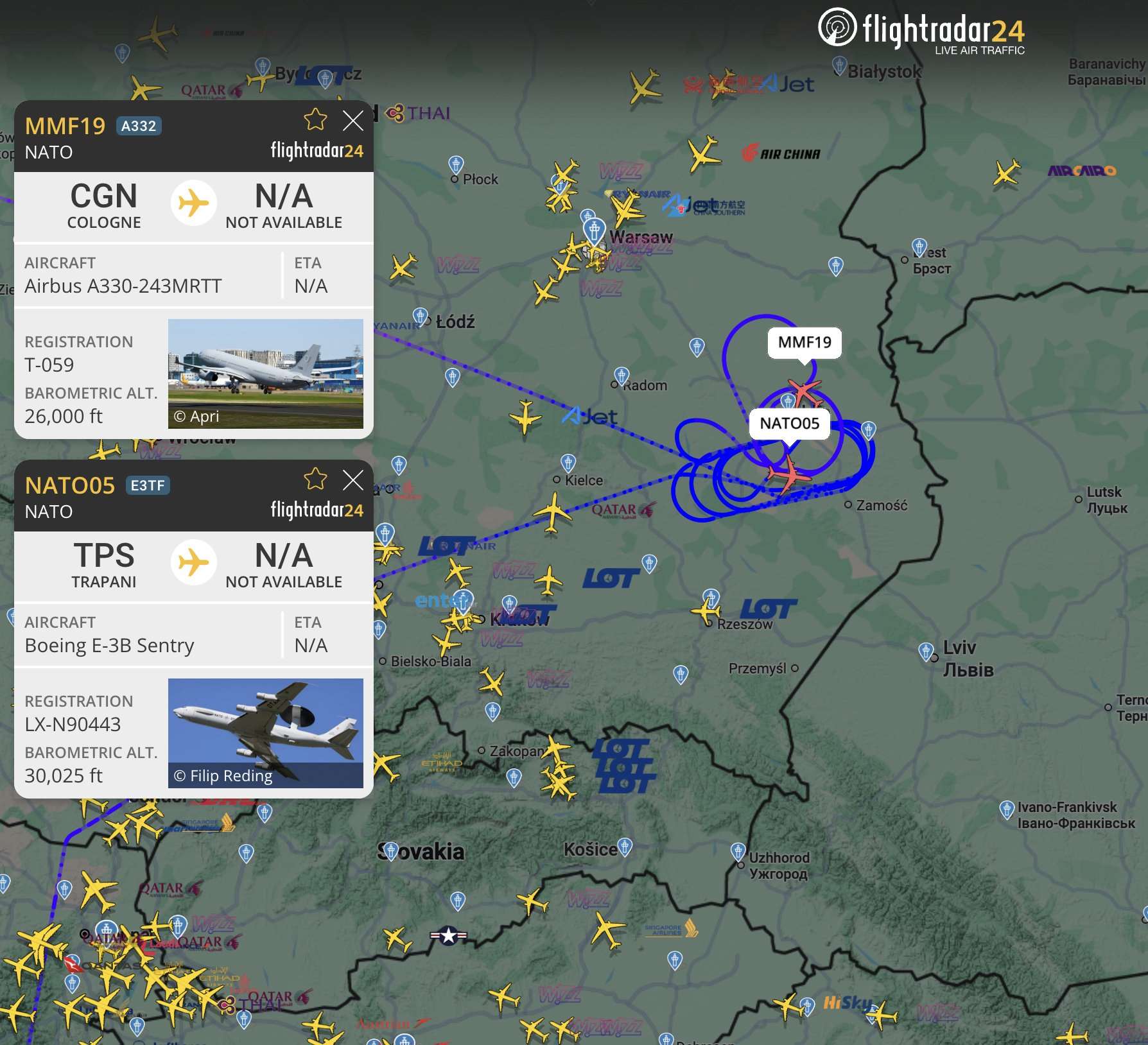 FlightRadar24今天（7日）表示，波蘭東南部空域近幾小時因「非計畫的軍事活動」而再度關閉。 (圖：X@flightradar24)