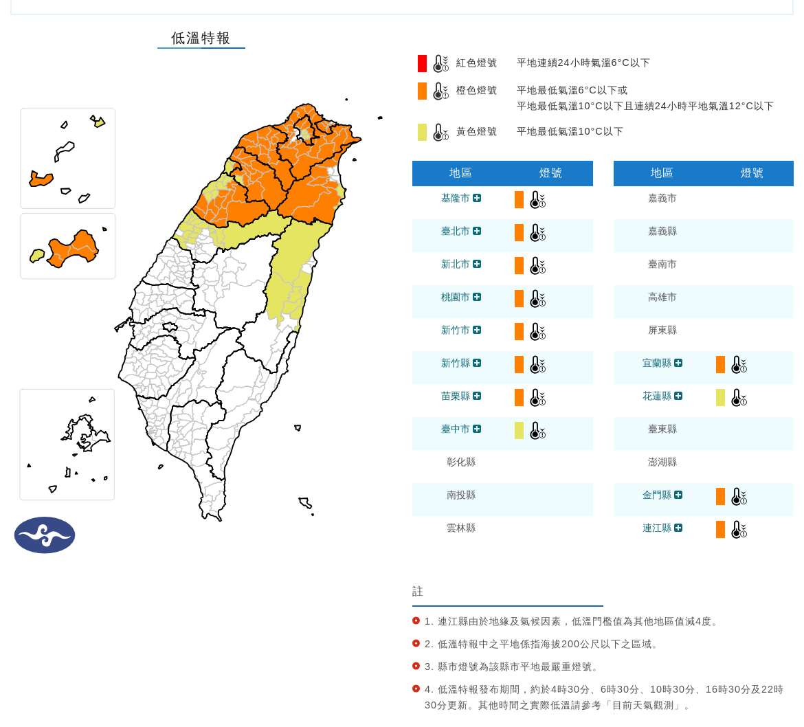 中央氣象署8日發布低溫特報，台中以北、宜花等12縣市防10度以下低溫。(中央氣象署提供)