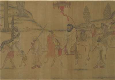 〈唐閻立本職貢圖〉（局部）描繪貞觀五年(631)，婆利、羅剎、林邑三國使節團，向大唐帝國朝貢的史事，畫面呈現。畫家以兼具「紀實」與「想像」的敘事手法，描繪近乎神怪的異域世界。 (故宮南院提供)