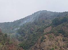 南投縣埔里鎮觀音瀑布附近林地15日起火，火勢原於21日下午控制，處理殘火，但24日因風速增強再度延燒，受災擴大約10公頃達近40公頃，25日持續搶救。（林業及自然保育署南投分署提供）