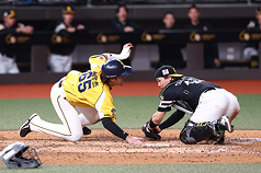 台日棒球國際交流賽25日在台北大巨蛋開打，由日本職棒福岡軟銀鷹對上中華職棒中信兄弟，兄弟隊5局攻勢再起，高宇杰（左）在奔回本壘的過程中，技巧
性閃過對手順利得分。