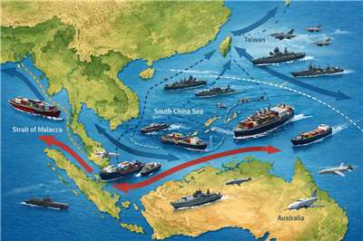 嚇阻台海戰爭，澳退役海軍上校籲正視「馬六甲悖論」。示意圖。(AI生成圖)