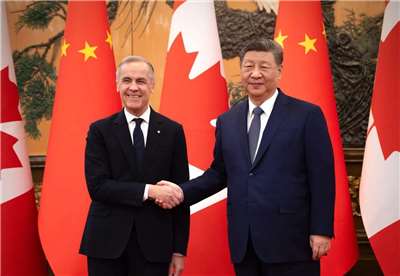 中媒報導，加拿大總理卡尼(Mark Carney)當地時間5日宣布將與中國合作推動加國本土生產和出口電動汽車。圖為卡尼1月16日在北京與中國國家主席習近平舉行會談。(FB@Mark Carney)