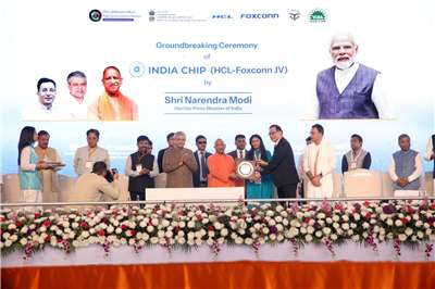 鴻海與印度HCL集團在2024年合資成立India Chip，分別持股40％與60％，合資興建的封測廠在21日舉辦動土典禮。該廠預計將創造3,500個就業機會，並建立印度在地供應鏈，是印度半導體重要里程碑。(鴻海提供)