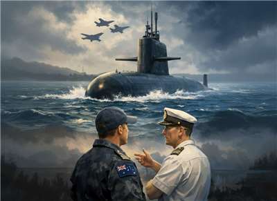 美國一份最新國會報告評估AUKUS協議的替代方案，包含建議澳洲把投資潛艦的錢用於他處，核潛艦作戰讓美軍來操心。(示意圖/AI生成)