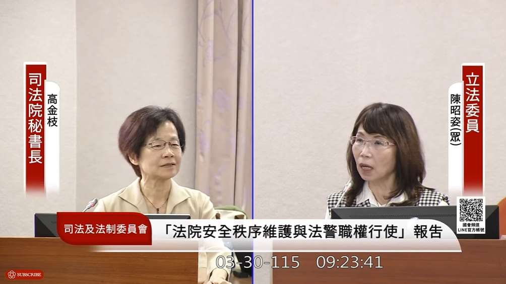 立法院司法及法制委員會30日邀請司法院秘書長高金枝、法務部、內政部警政署就「法院安全秩序維護與法警職權行使」進行專題報告，並備質詢。(圖擷自國會頻道)